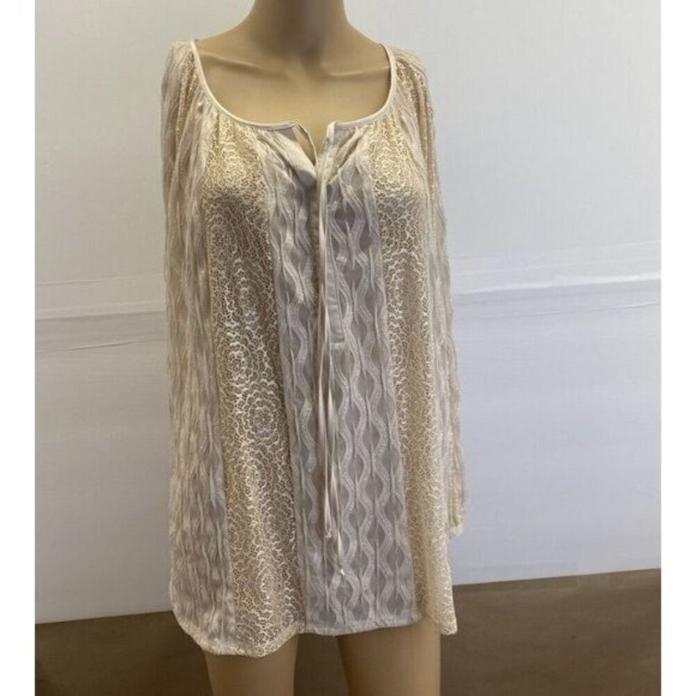 New Directions Top Womens Plus Size 1X Beige Long Sleeve Tie Tunic Pre Owned
